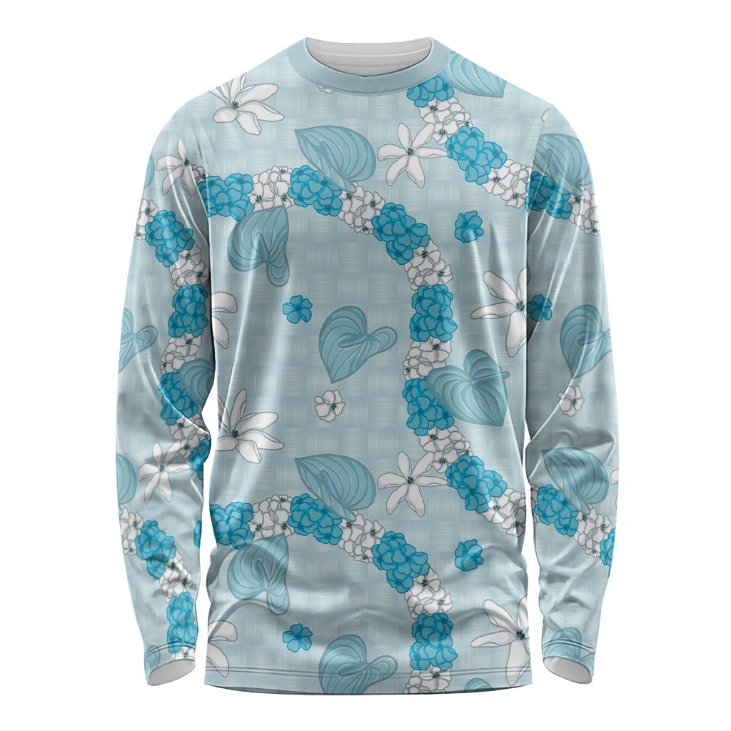 Hawaii Anthurium Tiare Pikake Lei Long Sleeve Shirt UliUli Lauhala Art Pattern LT01 Unisex Blue - Polynesian Pride