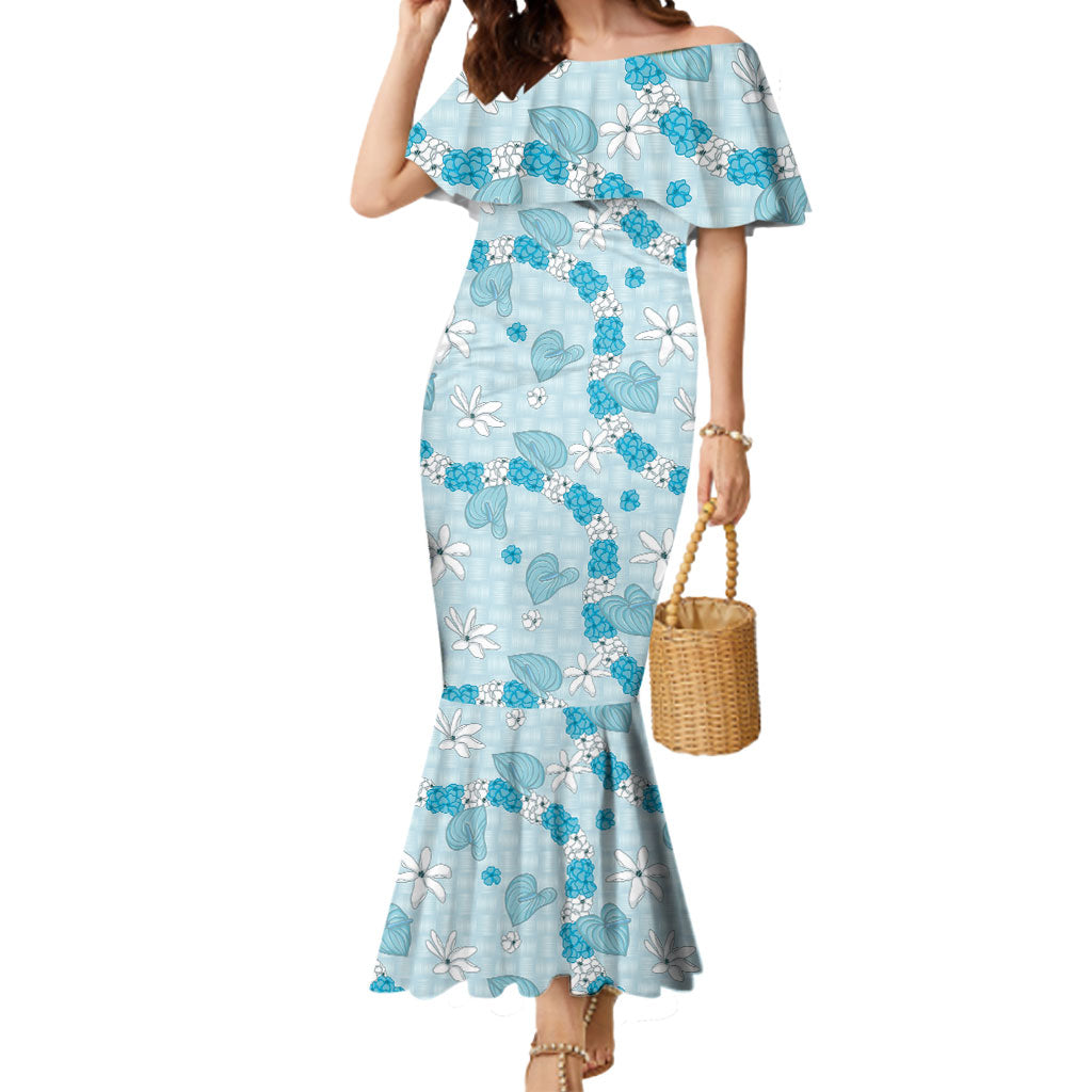 Hawaii Anthurium Tiare Pikake Lei Mermaid Dress UliUli Lauhala Art Pattern LT01 Women Blue - Polynesian Pride