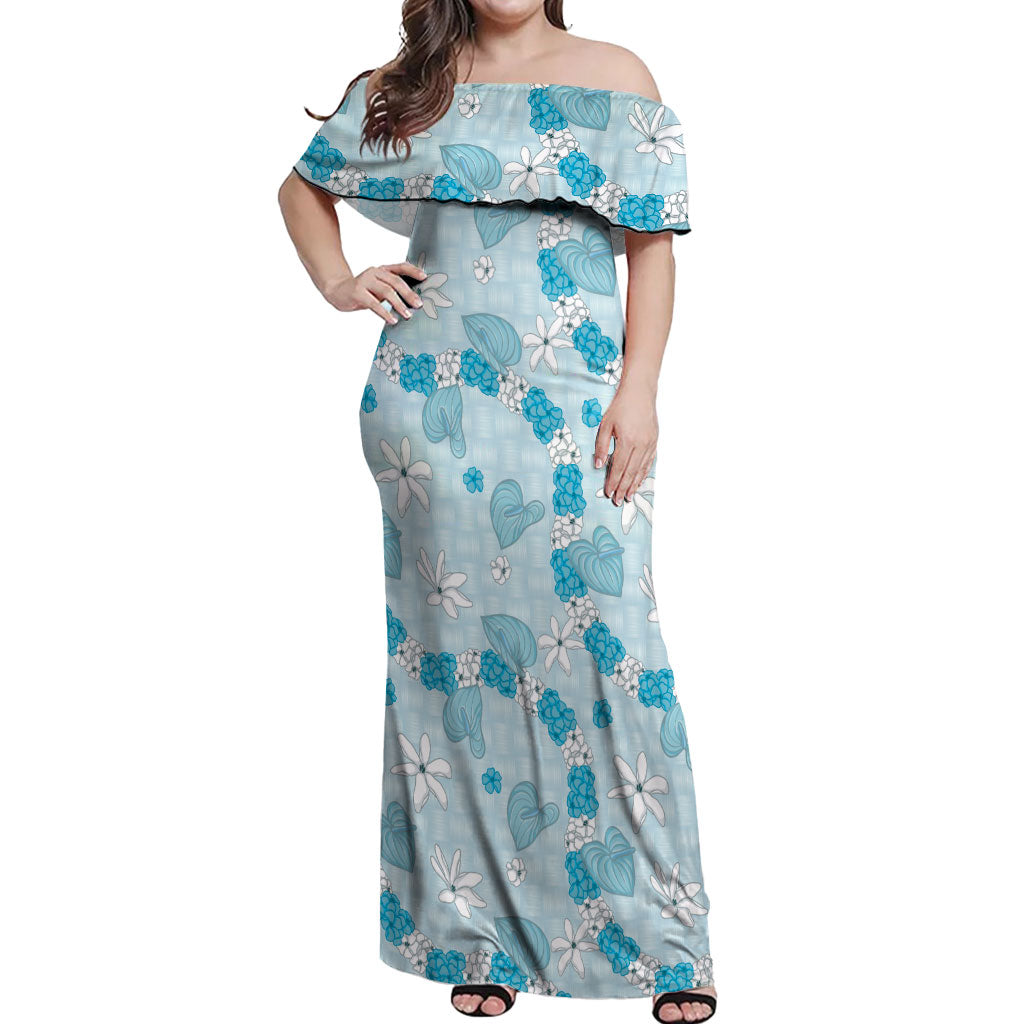 Hawaii Anthurium Tiare Pikake Lei Off Shoulder Maxi Dress UliUli Lauhala Art Pattern LT01 Women Blue - Polynesian Pride