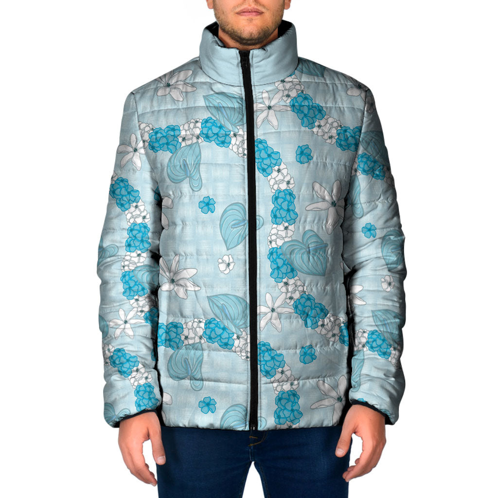 Hawaii Anthurium Tiare Pikake Lei Padded Jacket UliUli Lauhala Art Pattern LT01 Men Blue - Polynesian Pride