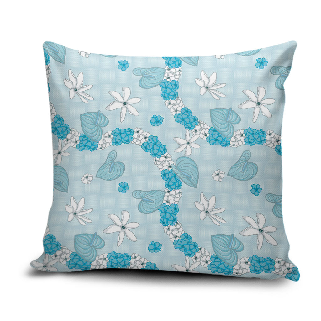 Hawaii Anthurium Tiare Pikake Lei Pillow Cover UliUli Lauhala Art Pattern LT01 Blue - Polynesian Pride