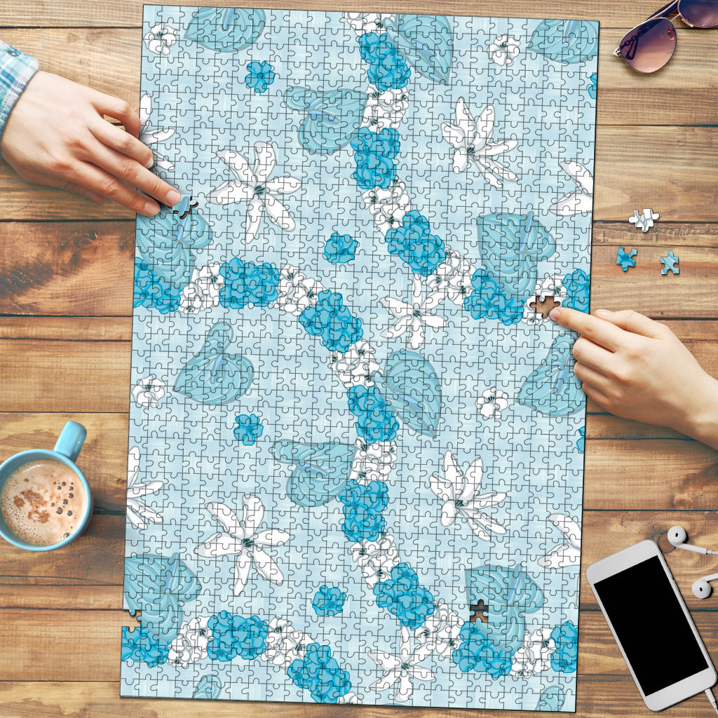 Hawaii Anthurium Tiare Pikake Lei Puzzle UliUli Lauhala Art Pattern LT01 Blue - Polynesian Pride