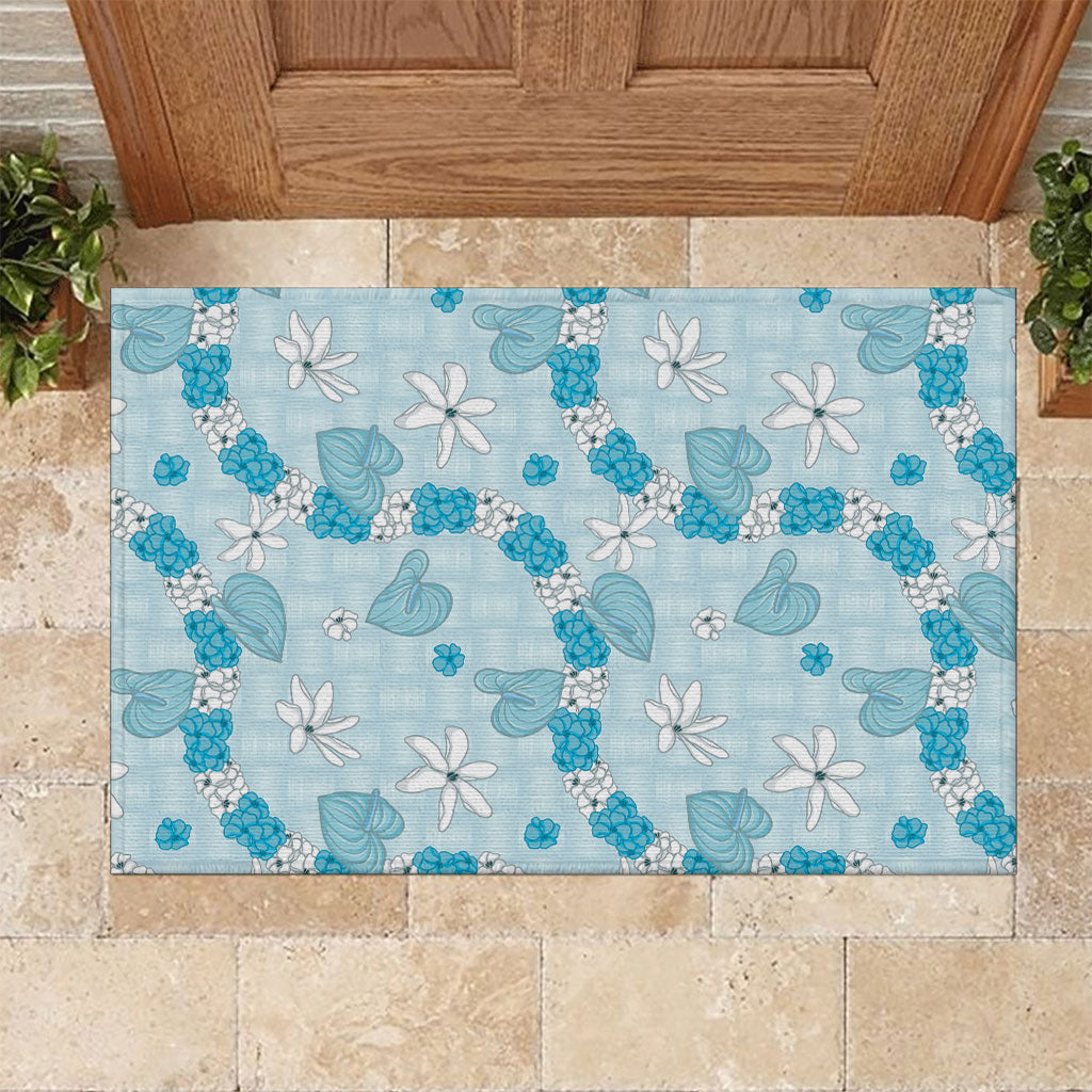 Hawaii Anthurium Tiare Pikake Lei Rubber Doormat UliUli Lauhala Art Pattern LT01 Blue - Polynesian Pride