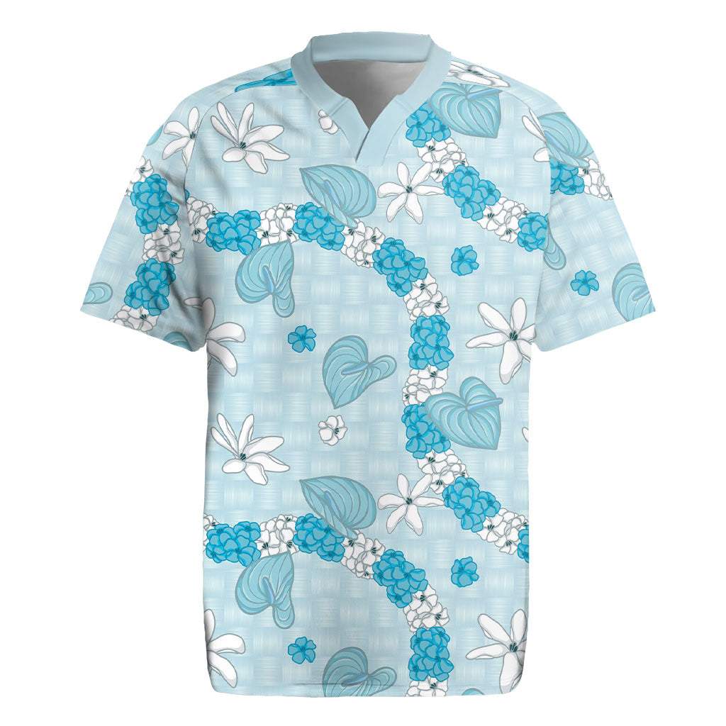 Hawaii Anthurium Tiare Pikake Lei Rugby Jersey UliUli Lauhala Art Pattern LT01 Blue - Polynesian Pride