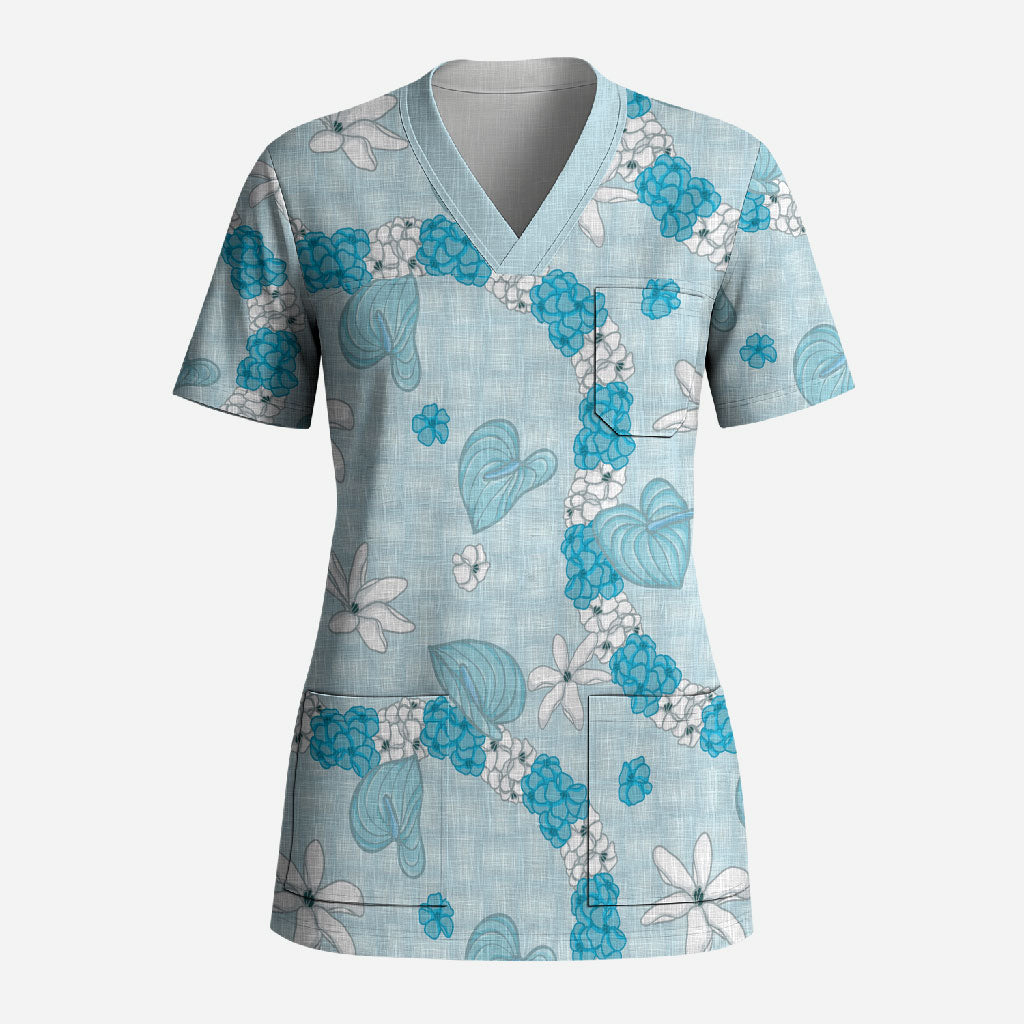 Hawaii Anthurium Tiare Pikake Lei Scrub Top UliUli Lauhala Art Pattern LT01 Adult Blue - Polynesian Pride