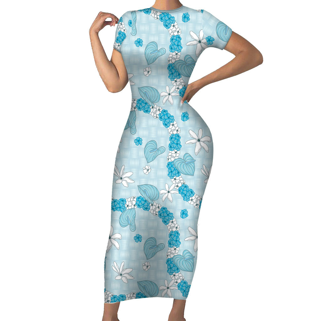Hawaii Anthurium Tiare Pikake Lei Short Sleeve Bodycon Dress UliUli Lauhala Art Pattern LT01 Long Dress Blue - Polynesian Pride