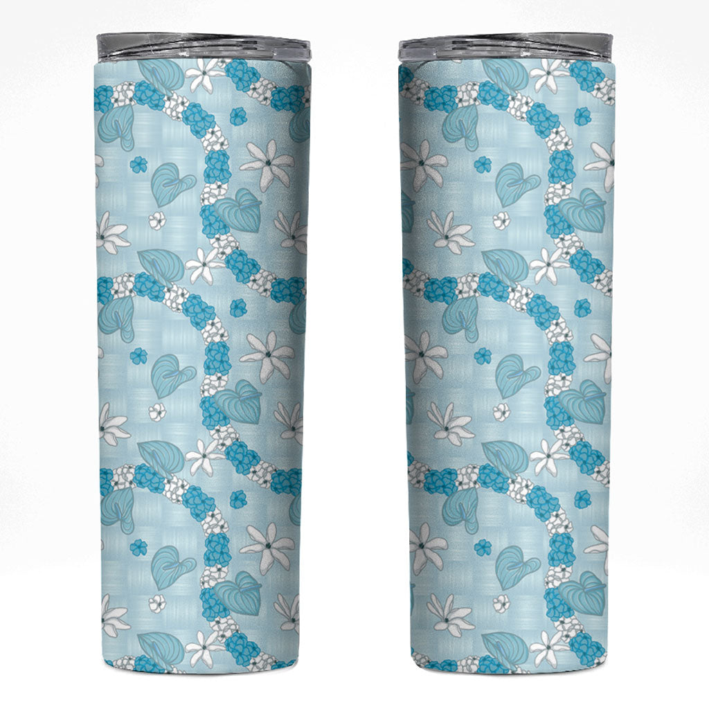 Hawaii Anthurium Tiare Pikake Lei Skinny Tumbler UliUli Lauhala Art Pattern LT01 Blue - Polynesian Pride
