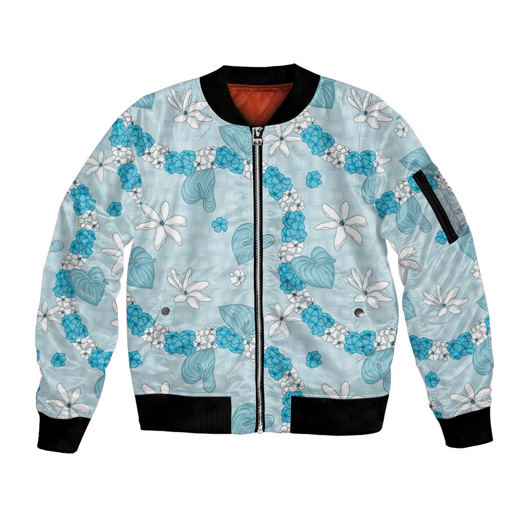 Hawaii Anthurium Tiare Pikake Lei Sleeve Zip Bomber Jacket UliUli Lauhala Art Pattern LT01 Unisex Blue - Polynesian Pride
