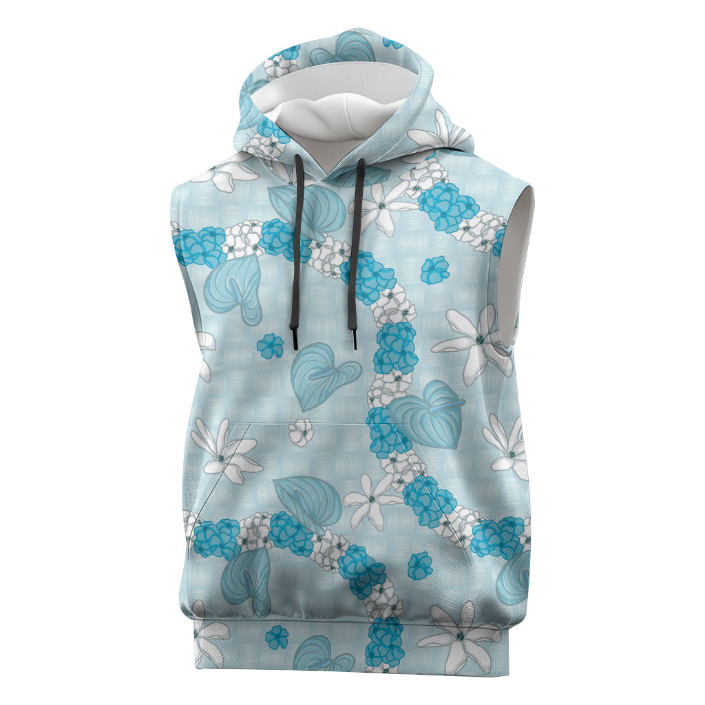 Hawaii Anthurium Tiare Pikake Lei Sleeveless Hoodie UliUli Lauhala Art Pattern LT01 Blue - Polynesian Pride