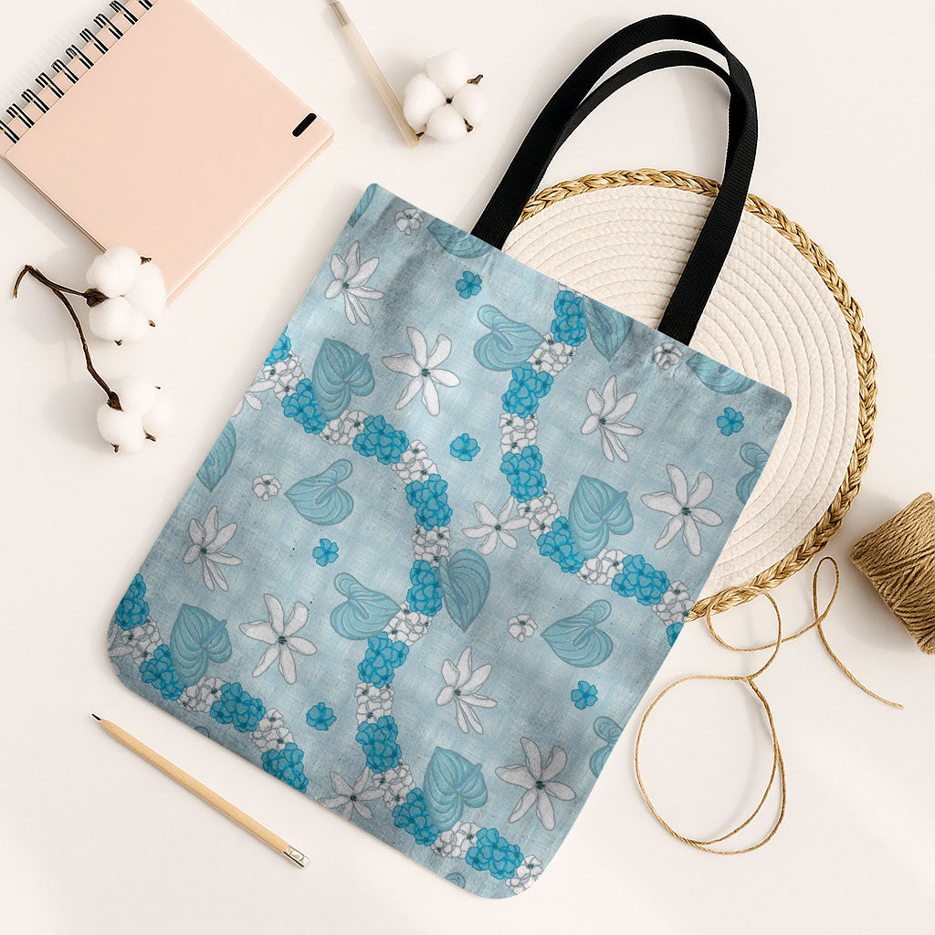 Hawaii Anthurium Tiare Pikake Lei Tote Bag UliUli Lauhala Art Pattern LT01 Black Strap One Size Blue - Polynesian Pride