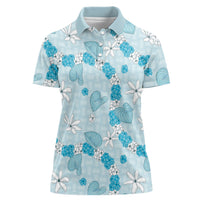 Hawaii Anthurium Tiare Pikake Lei Women Polo Shirt UliUli Lauhala Art Pattern LT01 Female Blue - Polynesian Pride