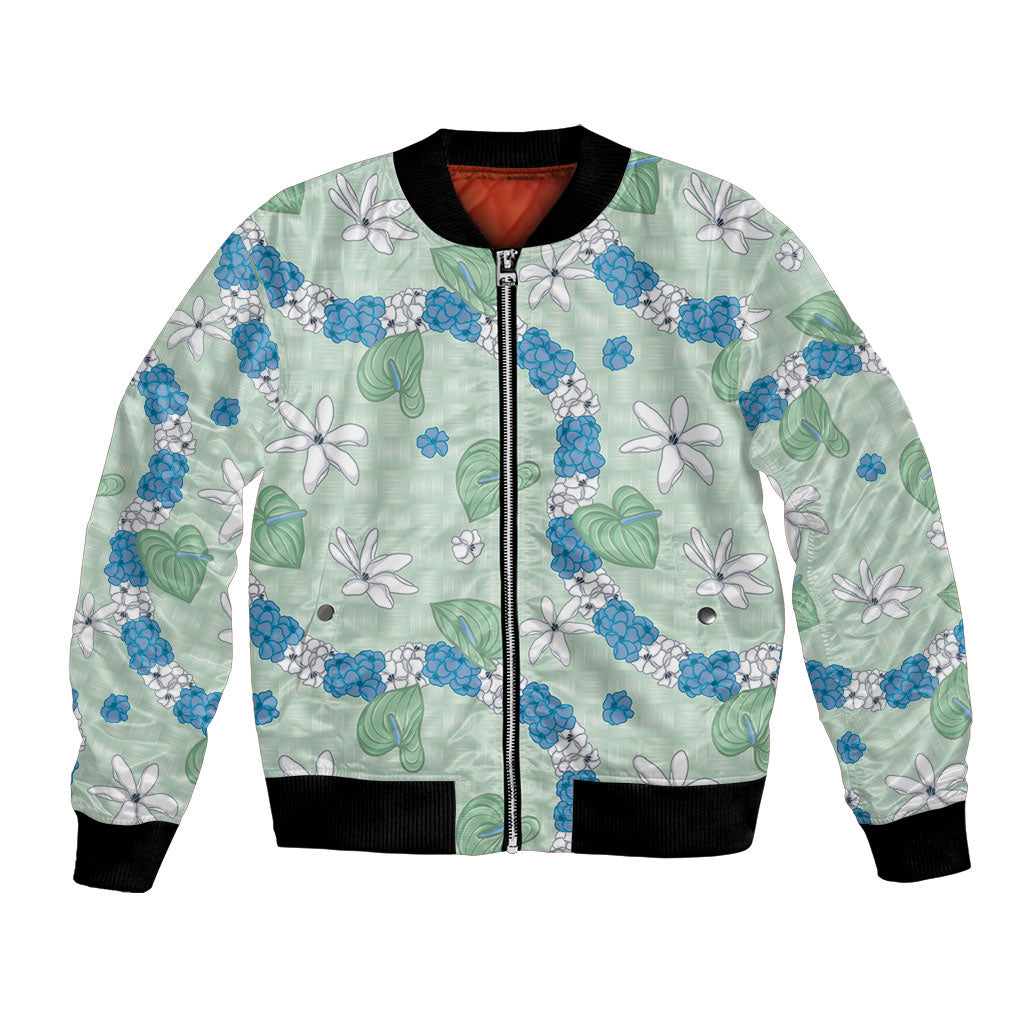 Hawaii Anthurium Tiare Pikake Lei Bomber Jacket Omaomao Lauhala Art Pattern LT01 Unisex Green - Polynesian Pride