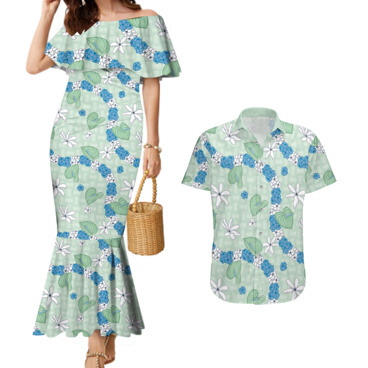 Hawaii Anthurium Tiare Pikake Lei Couples Matching Mermaid Dress and Hawaiian Shirt Omaomao Lauhala Art Pattern LT01 Green - Polynesian Pride