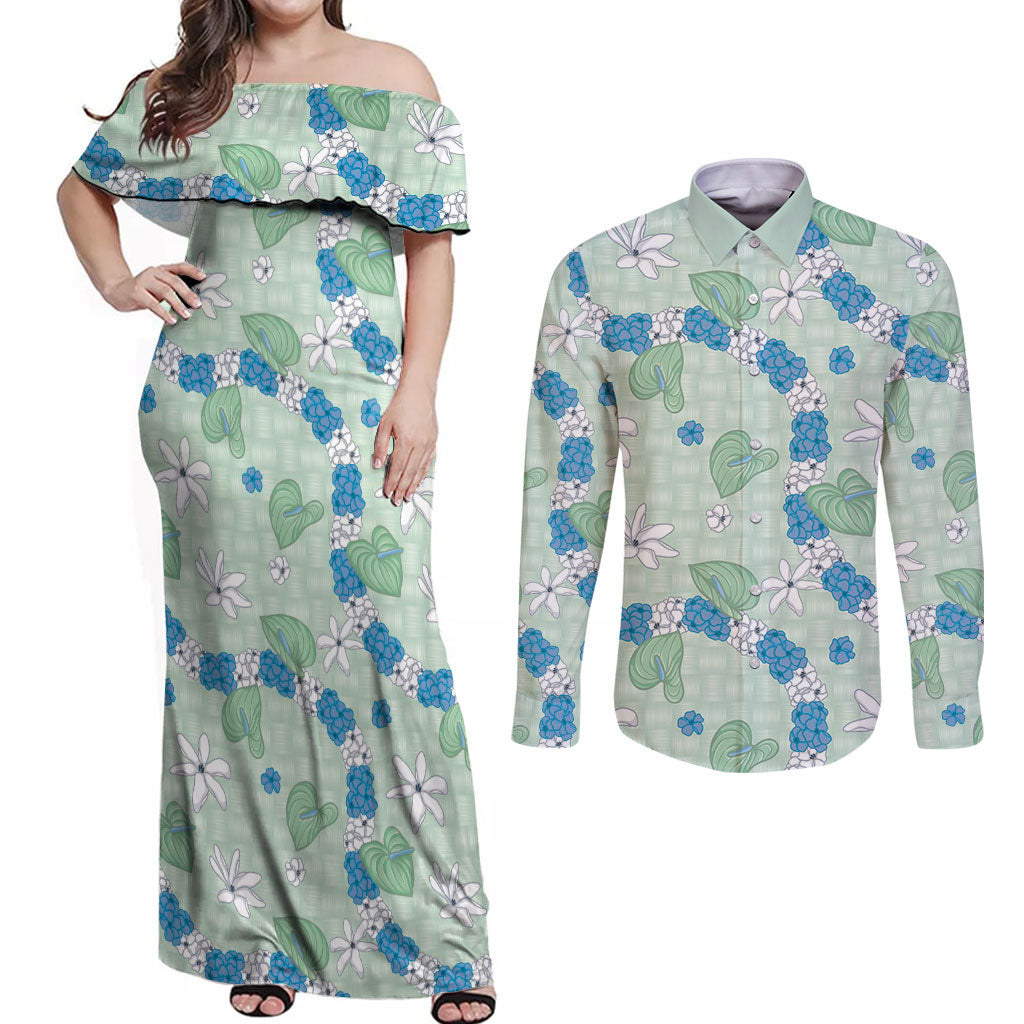 Hawaii Anthurium Tiare Pikake Lei Couples Matching Off Shoulder Maxi Dress and Long Sleeve Button Shirt Omaomao Lauhala Art Pattern LT01 Green - Polynesian Pride