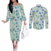 Hawaii Anthurium Tiare Pikake Lei Couples Matching Off The Shoulder Long Sleeve Dress and Long Sleeve Button Shirt Omaomao Lauhala Art Pattern