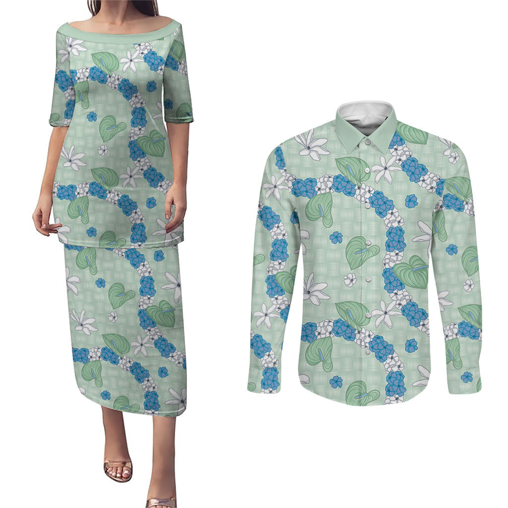 Hawaii Anthurium Tiare Pikake Lei Couples Matching Puletasi and Long Sleeve Button Shirt Omaomao Lauhala Art Pattern LT01 Green - Polynesian Pride