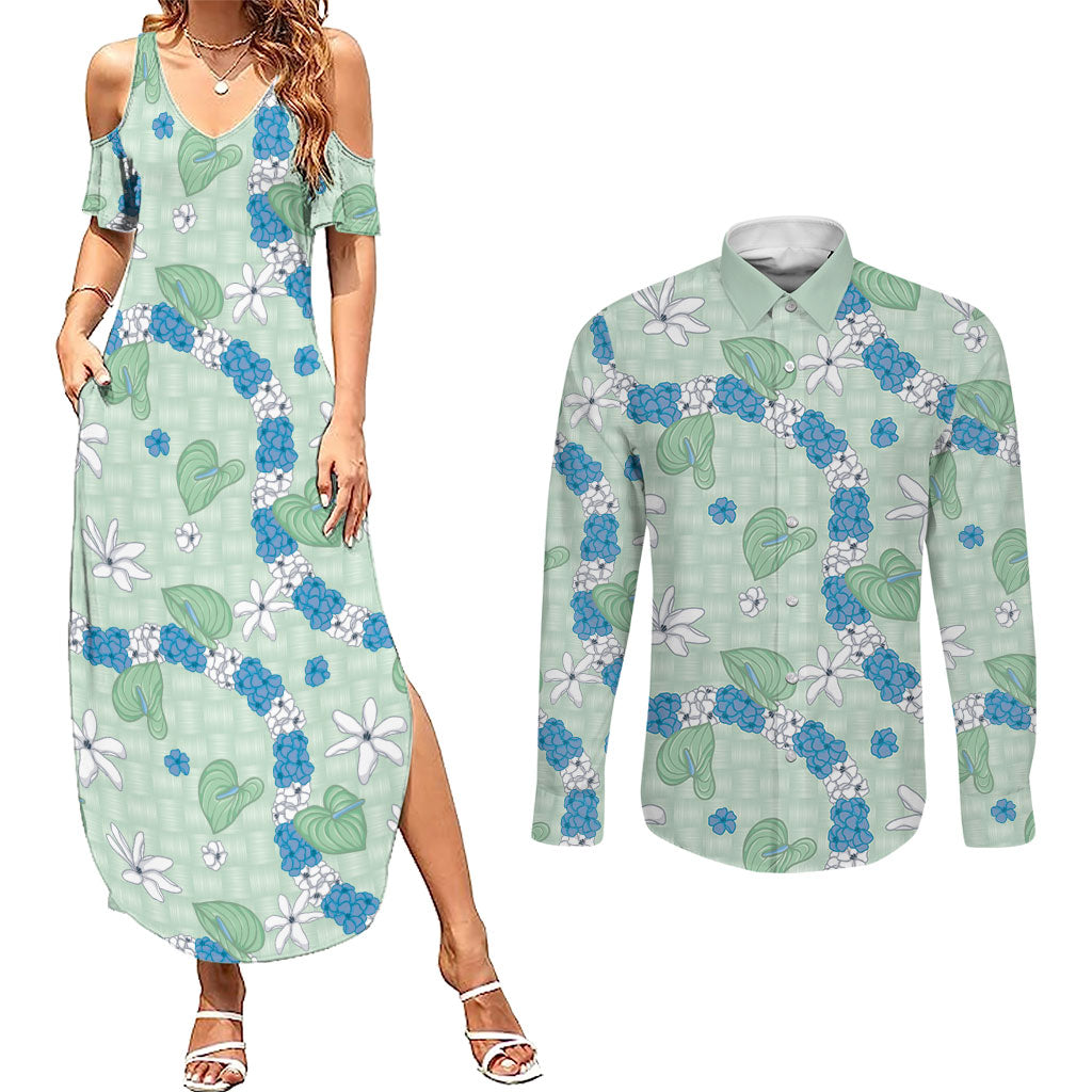 Hawaii Anthurium Tiare Pikake Lei Couples Matching Summer Maxi Dress and Long Sleeve Button Shirt Omaomao Lauhala Art Pattern LT01 Green - Polynesian Pride