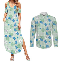 Hawaii Anthurium Tiare Pikake Lei Couples Matching Summer Maxi Dress and Long Sleeve Button Shirt Omaomao Lauhala Art Pattern