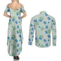 Hawaii Anthurium Tiare Pikake Lei Couples Matching Summer Maxi Dress and Long Sleeve Button Shirt Omaomao Lauhala Art Pattern