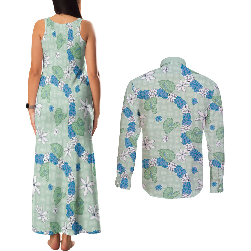 Hawaii Anthurium Tiare Pikake Lei Couples Matching Tank Maxi Dress and Long Sleeve Button Shirt Omaomao Lauhala Art Pattern