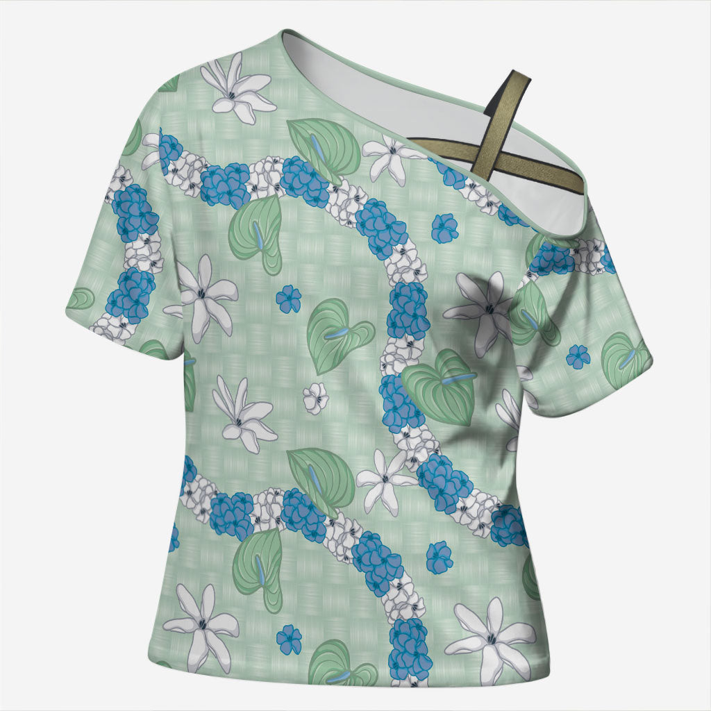 Hawaii Anthurium Tiare Pikake Lei Cross Shoulder Shirt Omaomao Lauhala Art Pattern LT01 Female Green - Polynesian Pride