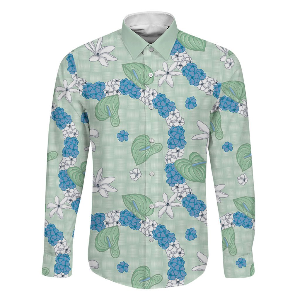 Hawaii Anthurium Tiare Pikake Lei Family Matching Off The Shoulder Long Sleeve Dress and Hawaiian Shirt Omaomao Lauhala Art Pattern LT01 Dad's Shirt - Long Sleeve Green - Polynesian Pride