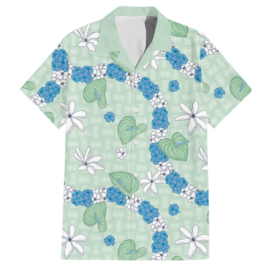 Hawaii Anthurium Tiare Pikake Lei Family Matching Off Shoulder Maxi Dress and Hawaiian Shirt Omaomao Lauhala Art Pattern LT01 Dad's Shirt - Short Sleeve Green - Polynesian Pride