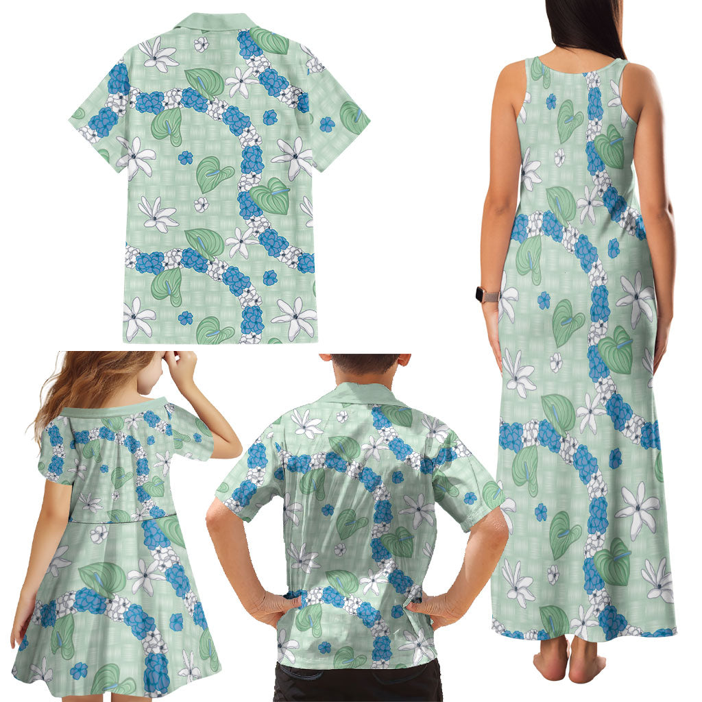 Hawaii Anthurium Tiare Pikake Lei Family Matching Tank Maxi Dress and Hawaiian Shirt Omaomao Lauhala Art Pattern