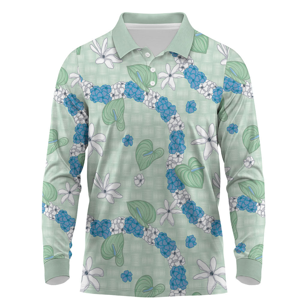 Hawaii Anthurium Tiare Pikake Lei Long Sleeve Polo Shirt Omaomao Lauhala Art Pattern LT01 Green - Polynesian Pride