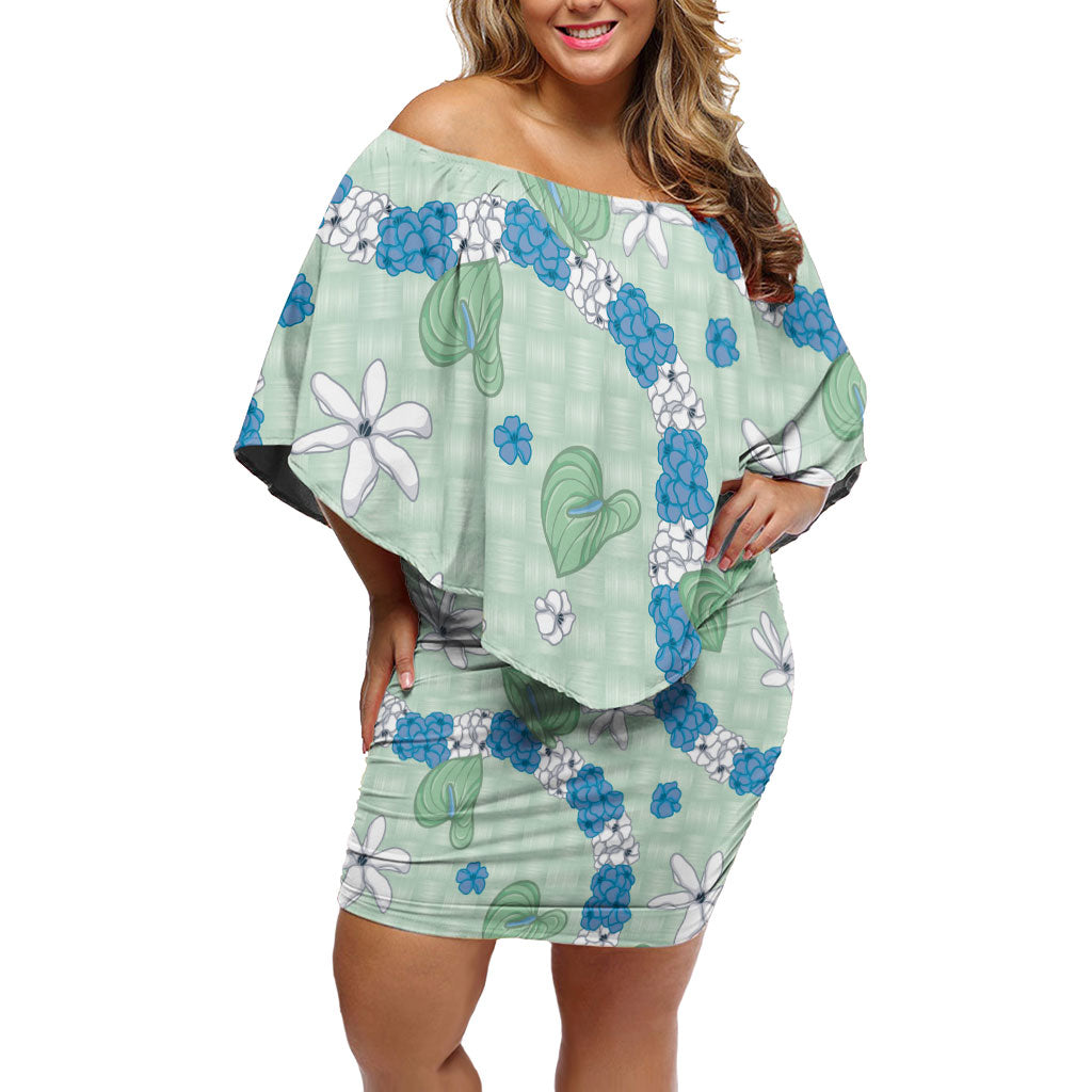 Hawaii Anthurium Tiare Pikake Lei Off Shoulder Short Dress Omaomao Lauhala Art Pattern LT01 Women Green - Polynesian Pride