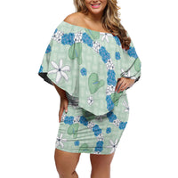 Hawaii Anthurium Tiare Pikake Lei Off Shoulder Short Dress Omaomao Lauhala Art Pattern LT01 Women Green - Polynesian Pride