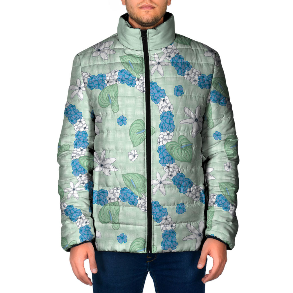 Hawaii Anthurium Tiare Pikake Lei Padded Jacket Omaomao Lauhala Art Pattern LT01 Men Green - Polynesian Pride