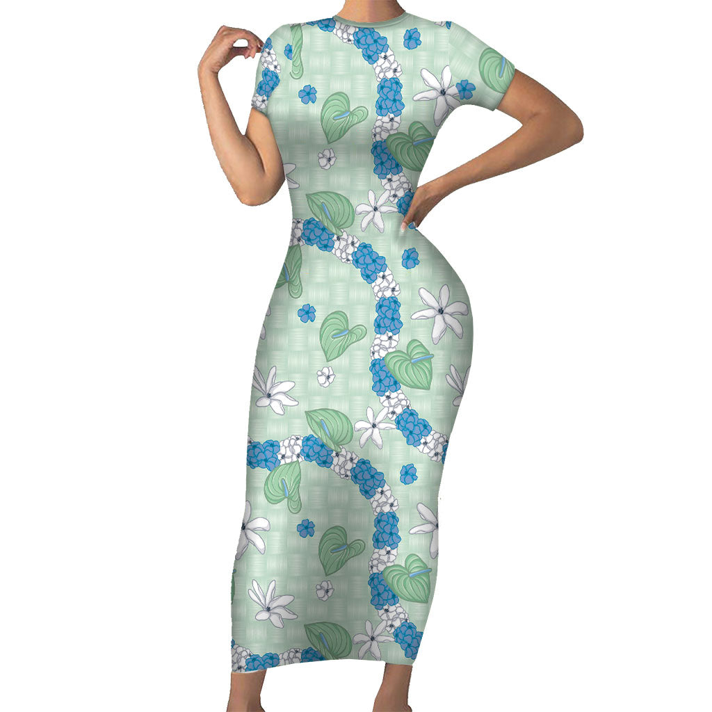 Hawaii Anthurium Tiare Pikake Lei Short Sleeve Bodycon Dress Omaomao Lauhala Art Pattern