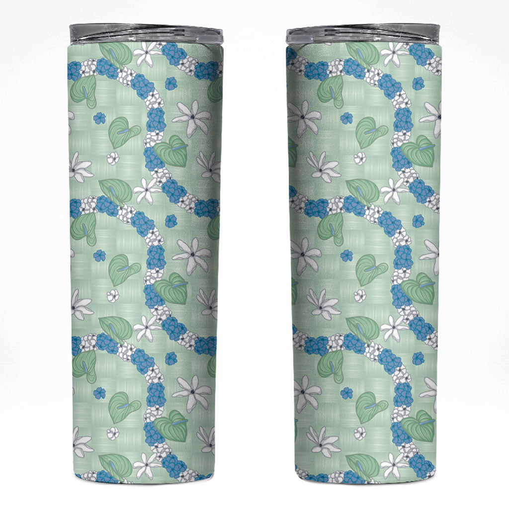 Hawaii Anthurium Tiare Pikake Lei Skinny Tumbler Omaomao Lauhala Art Pattern LT01 Green - Polynesian Pride