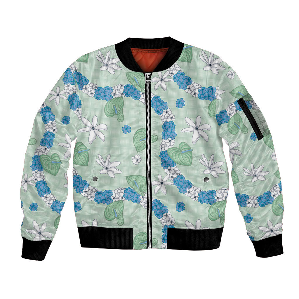 Hawaii Anthurium Tiare Pikake Lei Sleeve Zip Bomber Jacket Omaomao Lauhala Art Pattern LT01 Unisex Green - Polynesian Pride
