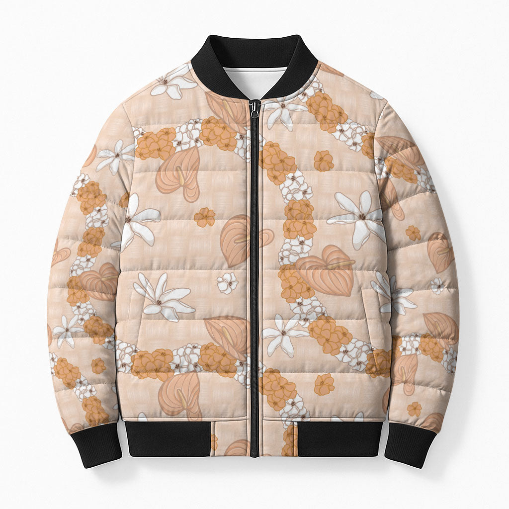 Hawaii Anthurium Tiare Pikake Lei Bomber Puffer Jacket Alani Lauhala Art Pattern LT01 Unisex Orange - Polynesian Pride