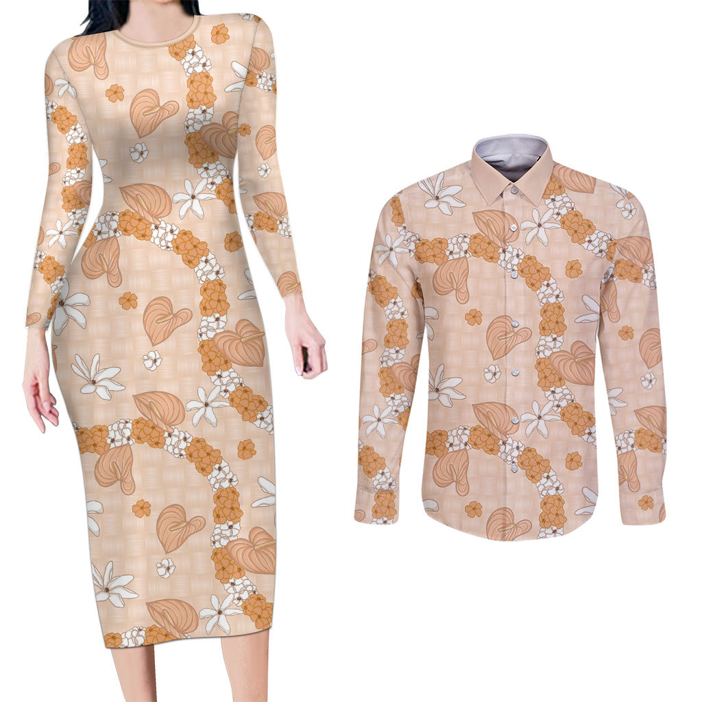 Hawaii Anthurium Tiare Pikake Lei Couples Matching Long Sleeve Bodycon Dress and Long Sleeve Button Shirt Alani Lauhala Art Pattern LT01 Orange - Polynesian Pride