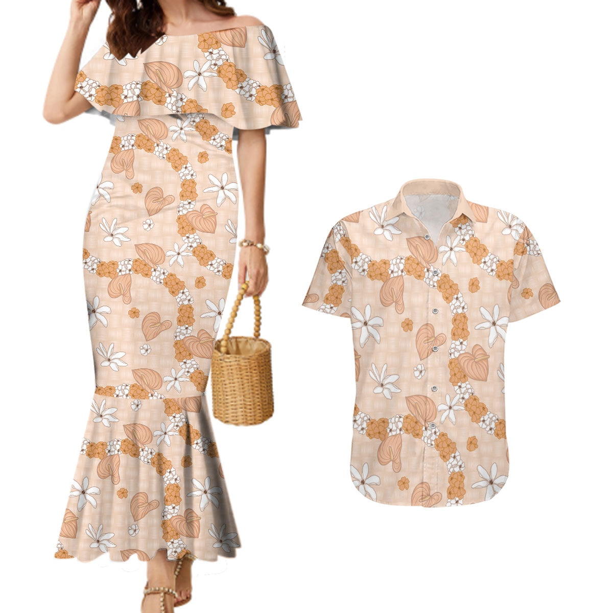 Hawaii Anthurium Tiare Pikake Lei Couples Matching Mermaid Dress and Hawaiian Shirt Alani Lauhala Art Pattern