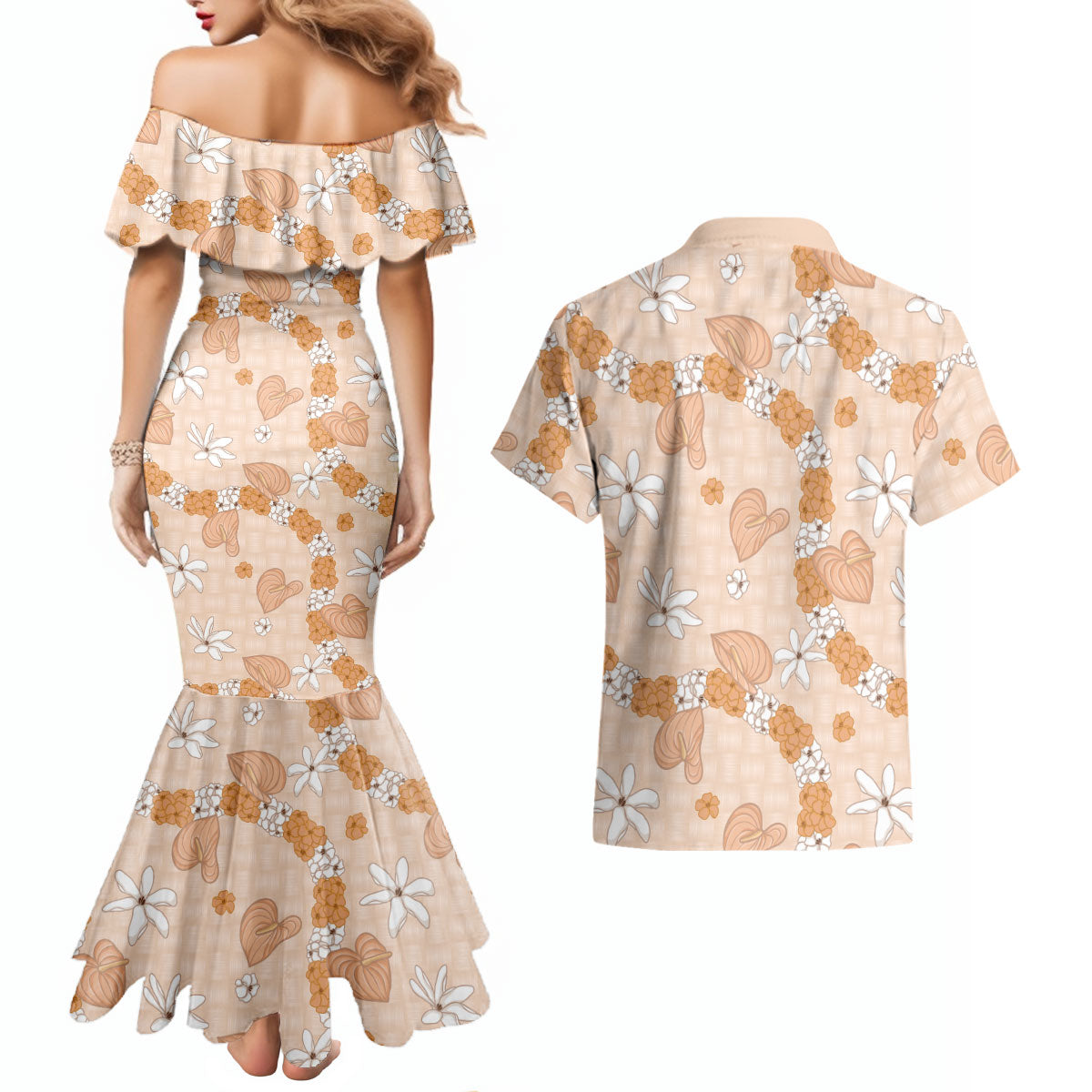Hawaii Anthurium Tiare Pikake Lei Couples Matching Mermaid Dress and Hawaiian Shirt Alani Lauhala Art Pattern