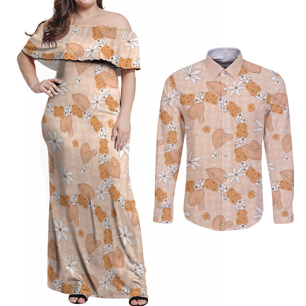 Hawaii Anthurium Tiare Pikake Lei Couples Matching Off Shoulder Maxi Dress and Long Sleeve Button Shirt Alani Lauhala Art Pattern LT01 Orange - Polynesian Pride