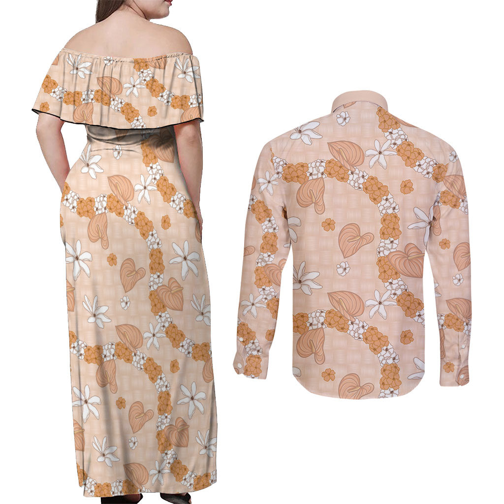 Hawaii Anthurium Tiare Pikake Lei Couples Matching Off Shoulder Maxi Dress and Long Sleeve Button Shirt Alani Lauhala Art Pattern LT01 - Polynesian Pride