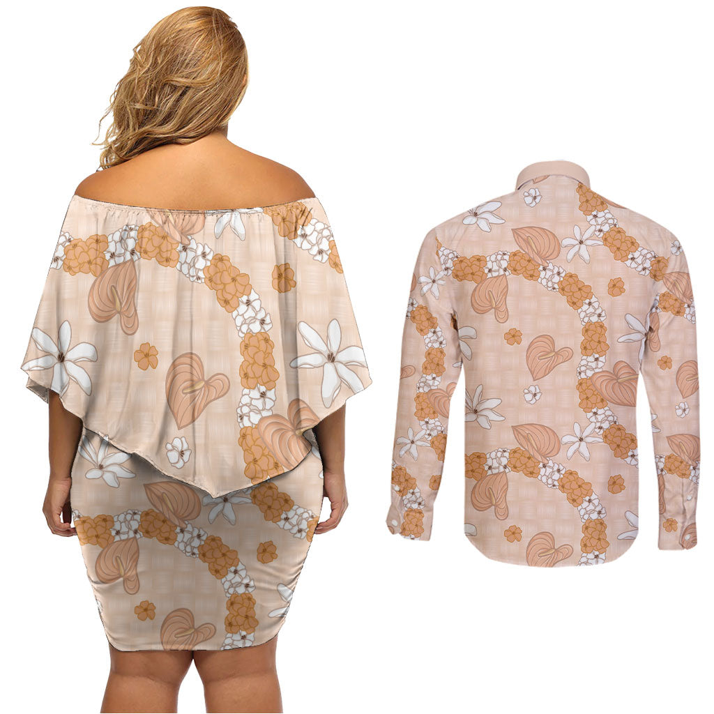 Hawaii Anthurium Tiare Pikake Lei Couples Matching Off Shoulder Short Dress and Long Sleeve Button Shirt Alani Lauhala Art Pattern LT01 - Polynesian Pride
