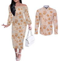 Hawaii Anthurium Tiare Pikake Lei Couples Matching Off The Shoulder Long Sleeve Dress and Long Sleeve Button Shirt Alani Lauhala Art Pattern
