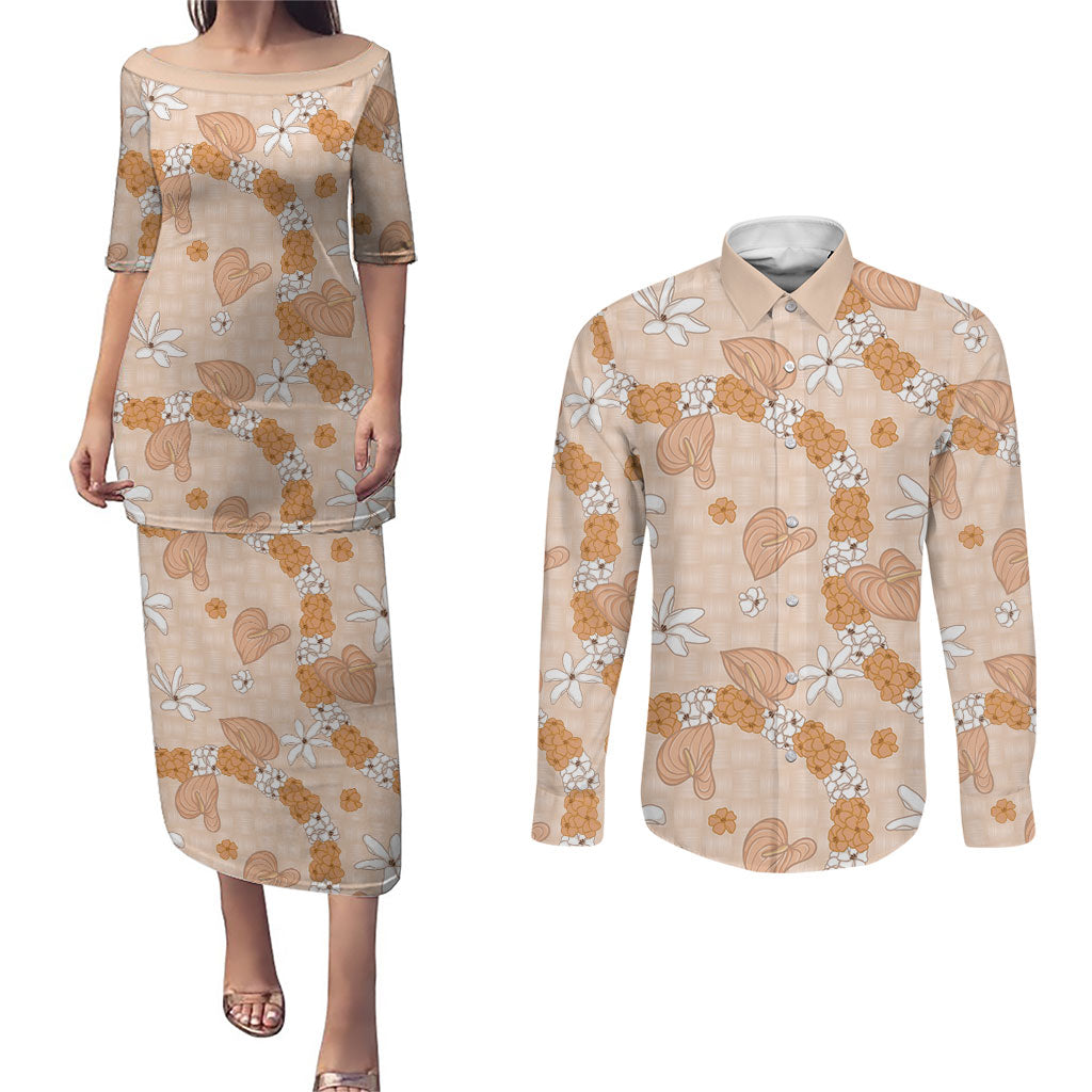 Hawaii Anthurium Tiare Pikake Lei Couples Matching Puletasi and Long Sleeve Button Shirt Alani Lauhala Art Pattern LT01 Orange - Polynesian Pride
