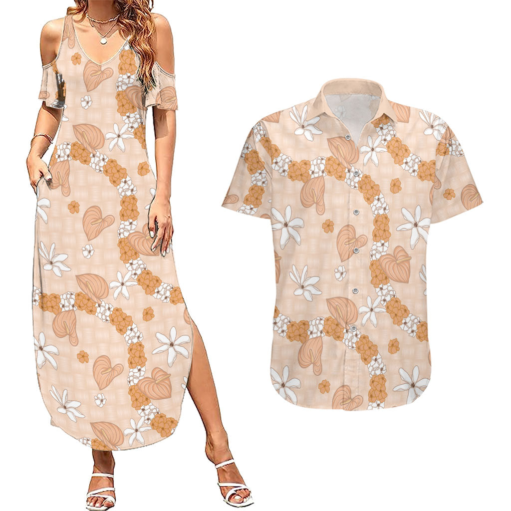 Hawaii Anthurium Tiare Pikake Lei Couples Matching Summer Maxi Dress and Hawaiian Shirt Alani Lauhala Art Pattern LT01 Orange - Polynesian Pride