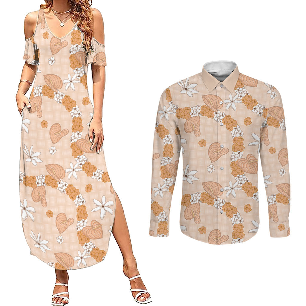 Hawaii Anthurium Tiare Pikake Lei Couples Matching Summer Maxi Dress and Long Sleeve Button Shirt Alani Lauhala Art Pattern LT01 Orange - Polynesian Pride