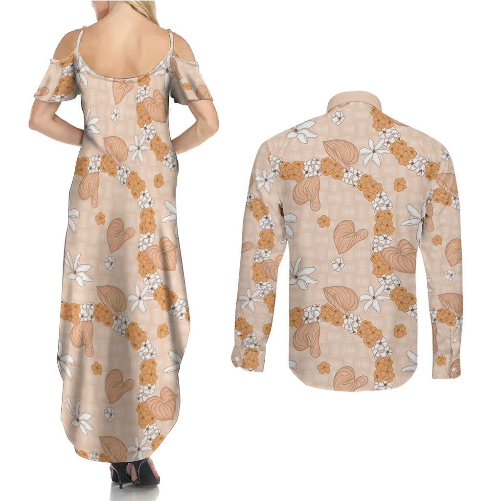 Hawaii Anthurium Tiare Pikake Lei Couples Matching Summer Maxi Dress and Long Sleeve Button Shirt Alani Lauhala Art Pattern LT01 - Polynesian Pride