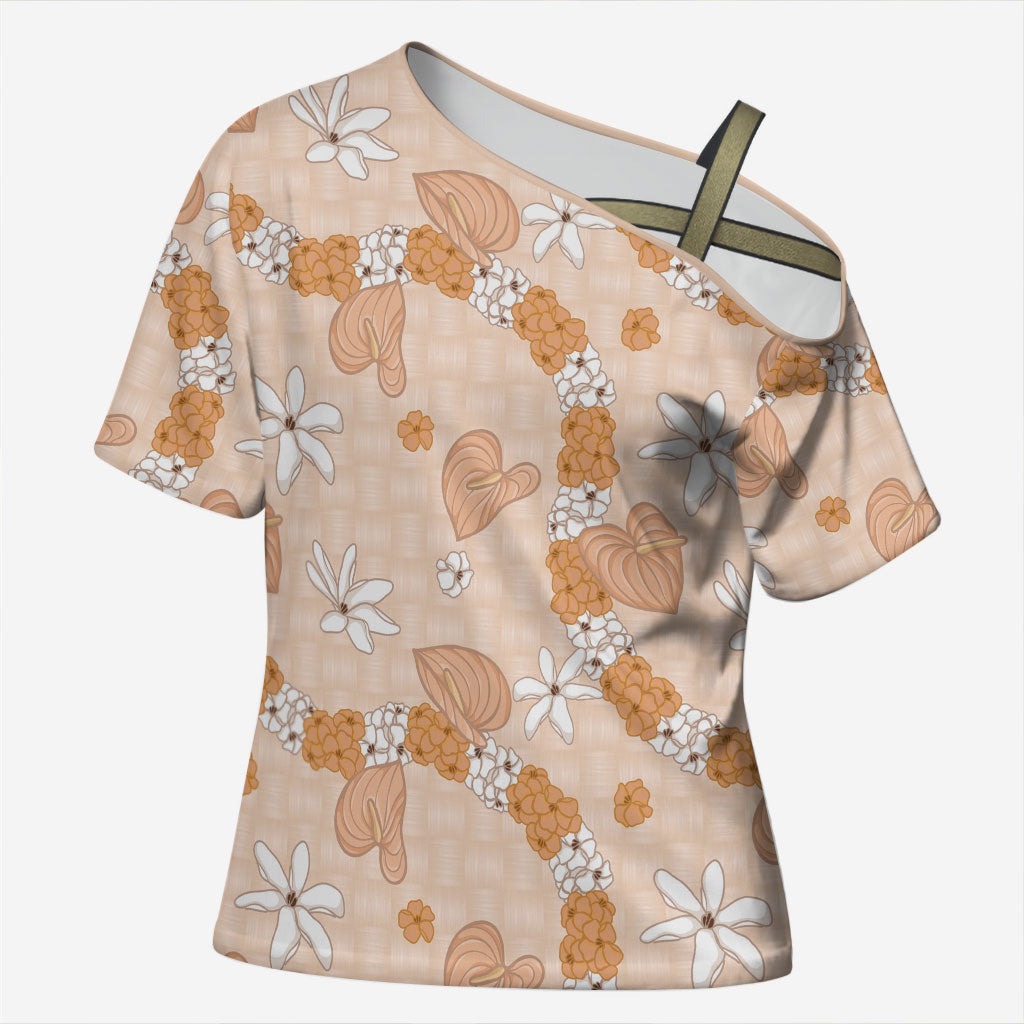 Hawaii Anthurium Tiare Pikake Lei Cross Shoulder Shirt Alani Lauhala Art Pattern LT01 Female Orange - Polynesian Pride