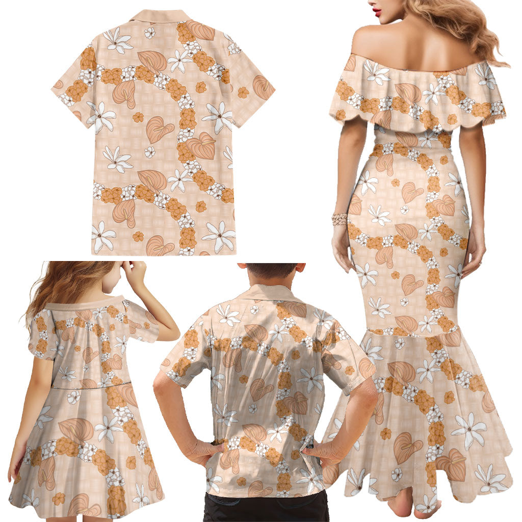 Hawaii Anthurium Tiare Pikake Lei Family Matching Mermaid Dress and Hawaiian Shirt Alani Lauhala Art Pattern