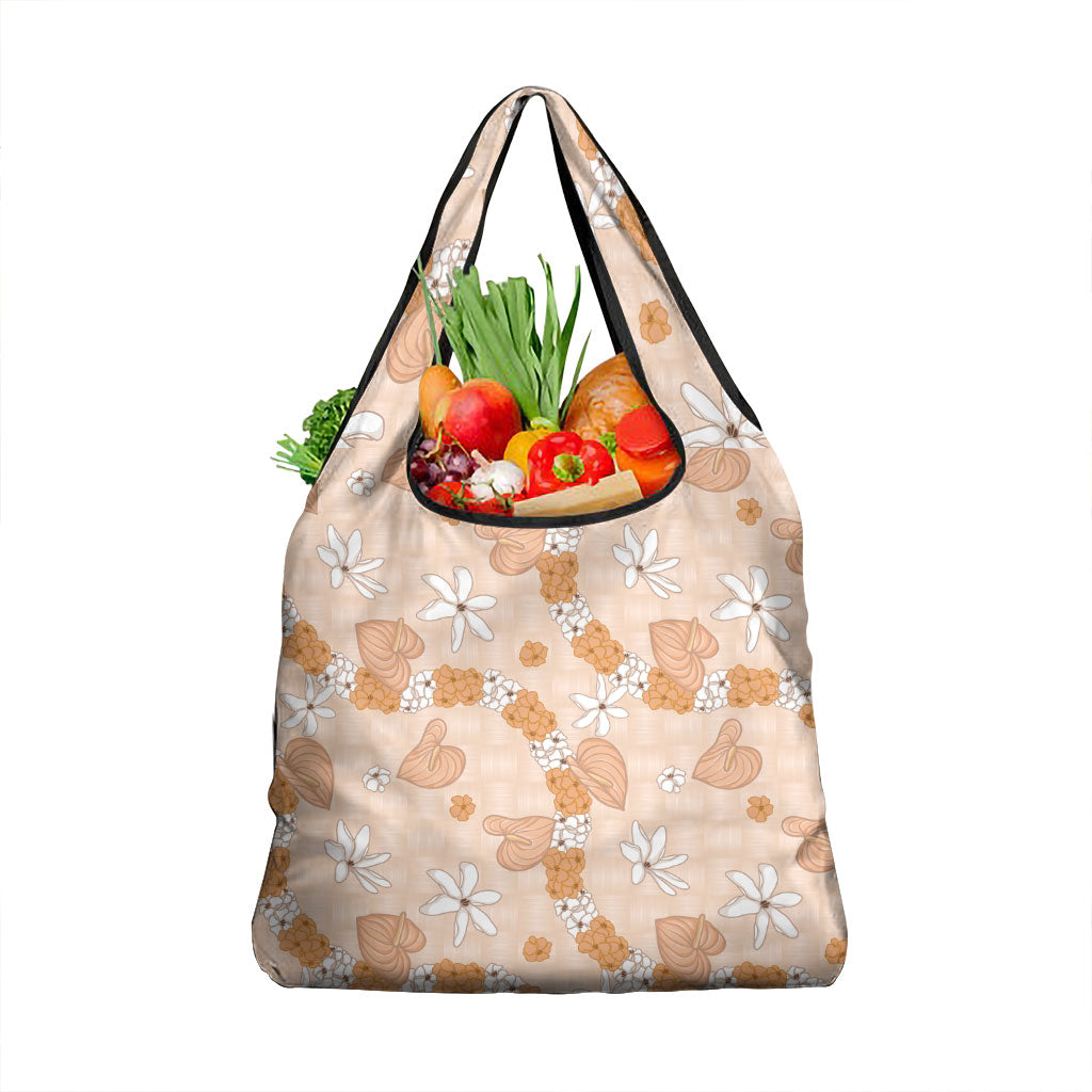 Hawaii Anthurium Tiare Pikake Lei Grocery Bag Alani Lauhala Art Pattern LT01 1-pack One Size Orange - Polynesian Pride